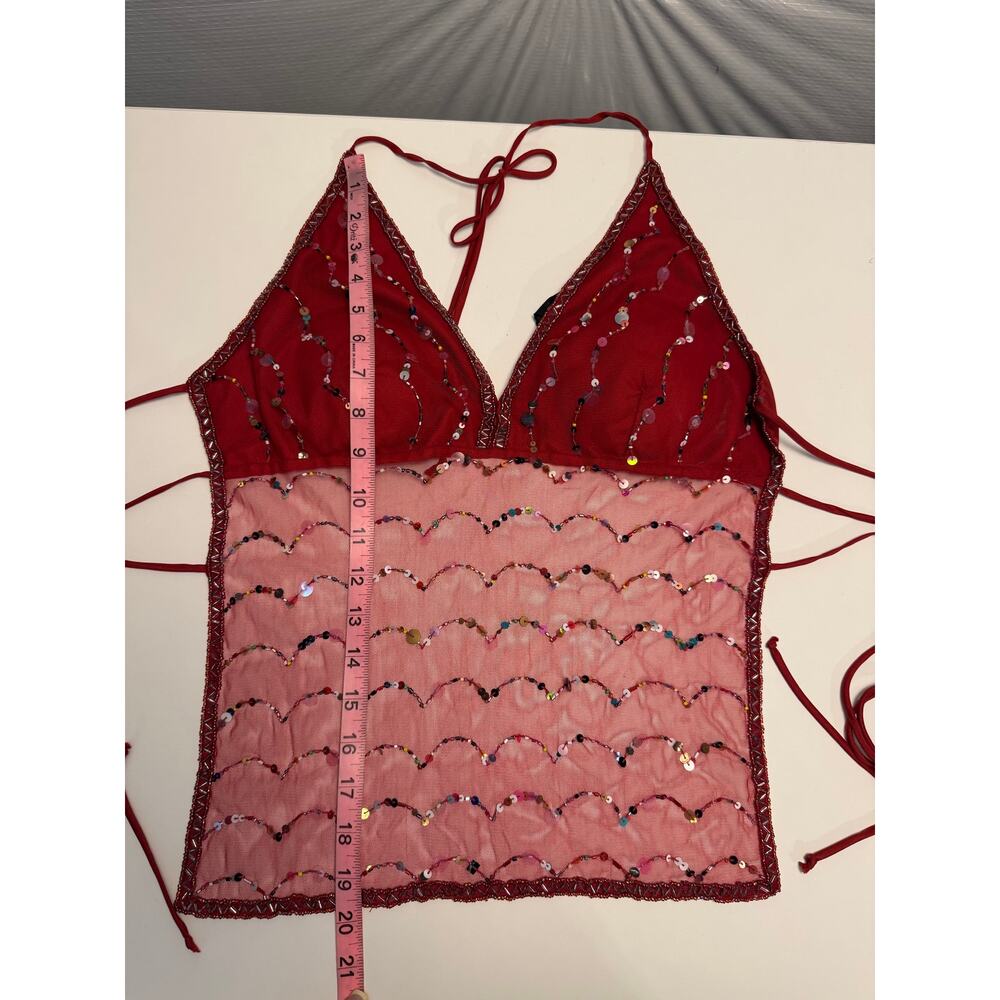 Y2K Vanity Womens M Mesh Backless Sequined Sheer Top Red Festival Fairy - Picture 8 of 10